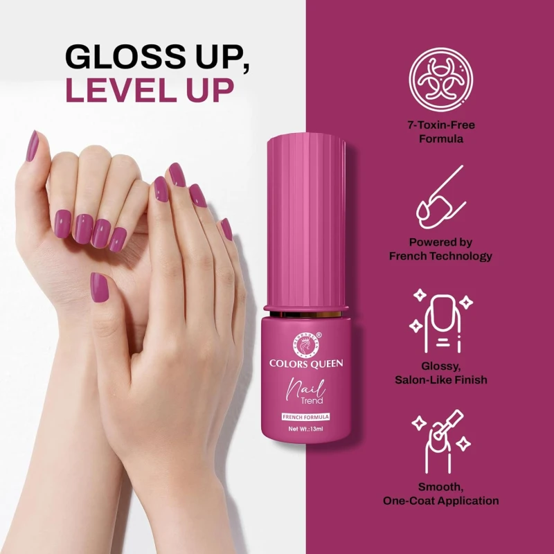 Colors Queen Nail Trend Glossy Nail Polish | Chip Resisting & Quick Drying Nail Paint with High Shine | 7 Toxin Free Formula | Vegan & Cruelty Free | Long Lasting & Vibrant Nail Paint for Women ( Jazzberry, 13ml) - Thumbnail 3